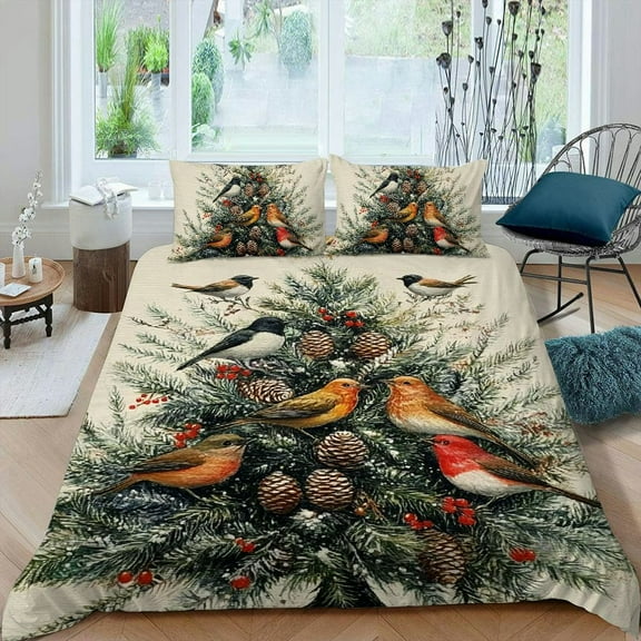 Pratyus Christmas Tree Birds Pine Cones 3-Piece Bedding Set Modern Style Lightweight Soft Bedroom Decor Gift for All Ages 87x68in