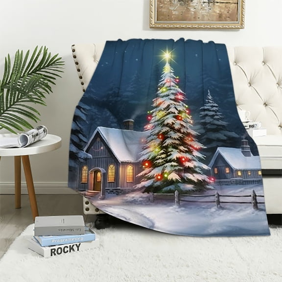 Pratyus Christmas Tree Church Snow Flannel Throw Blanket for Couch Sofa Bed, All Seasons Home Decor 40x50in