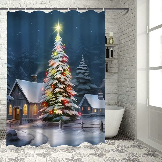 Pratyus Christmas Tree Church Snow Print Shower Curtain, Background