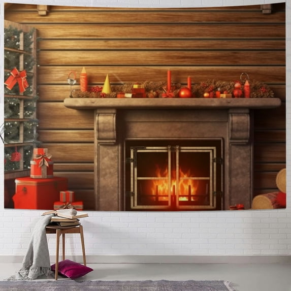 Pratyus Christmas Tree Cozy Fireplace Tapestry Wall Hanging Dorm Xmas Decoration Dorm Decor Short Plush Fabric Lightweight Easy to Hang 60x50inch