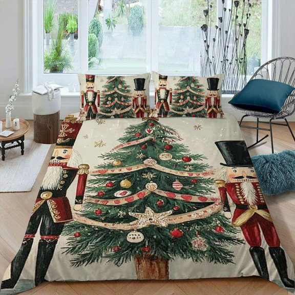 Pratyus Christmas Tree Nutcracker Folk Art 3-Piece Bedding Set Modern Style Easy to Clean Bedroom Decor for Women Men Microfiber Material Variety of Patterns 87x68in