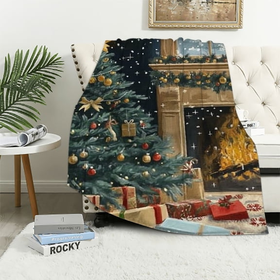 Pratyus Christmas Tree, Presents, Fireplace Flannel Throw Blanket for Couch Sofa Bed, Christmas Home Decor, Long-lasting Blanket for All Seasons 40x50in