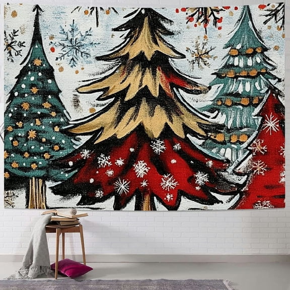Pratyus Christmas Tree Snowflake Folk Art Tapestry Wall Hanging for Bedroom Dorm Christmas Decoration Wall Art in Short Plush Fabric 40x30inch
