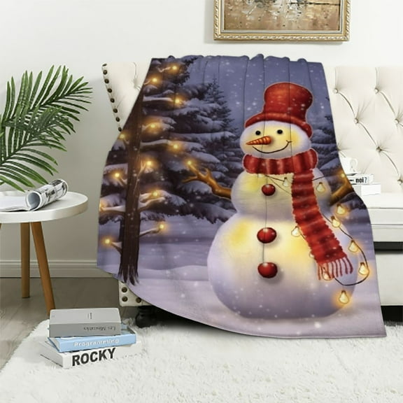 Pratyus Christmas Tree Snowman Lights Flannel Throw Blanket for Couch Sofa Bed All Seasons Decor Lightweight Soft Blanket 50x60in