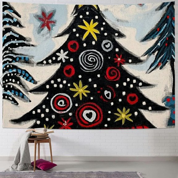 Pratyus Christmas Tree Star Folk Art Tapestry Wall Hanging for Bedroom Dorm Decoration Short Plush Fabric 40x30inch