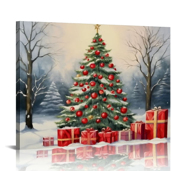Pratyus Christmas Tree and Presents Digital Rendering Canvas Prints Wall Art Decor for Bedroom and Kitchen - Holiday Theme Wall Pictures 16x12in
