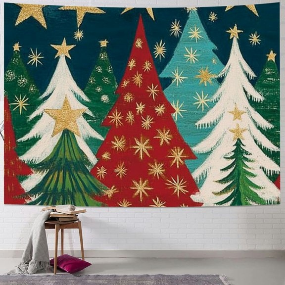 Pratyus Christmas Trees Stars Folk Art Short Plush Tapestry Wall Hanging Dorm Decoration Pack of 1 40x30inch