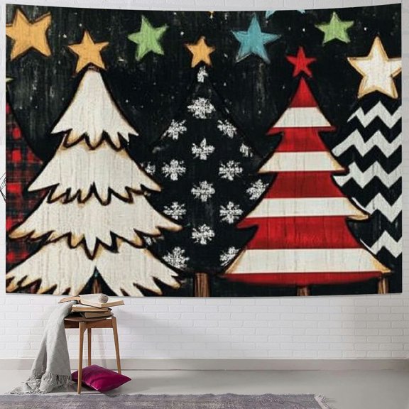 Pratyus Christmas Trees Stars Folk Art Tapestry Wall Hanging Short Plush Fabric Dorm Home Decoration Art 40x30inch