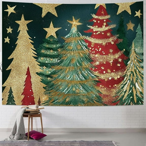 Pratyus Christmas Trees Stars Gold Tapestry Wall Hanging for Bedroom Dorm Decoration - Short Plush Fabric Wall Decor for Living Room Kitchen Walls Bedspread Tablecloth Dorm Beach Shawl 40x30inch