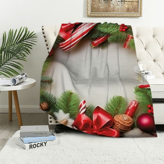 Pratyus Christmas Wreath Candy Canes Decorations Flannel Throw Blanket for Couch Sofa Bed All Seasons Home Decor Exquisite Gift 60x80in