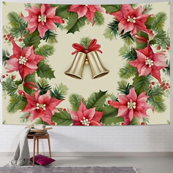 Pratyus Christmas Wreath Poinsettias Bells Tapestry Wall Hanging for Bedroom Dorm Decoration - Soft Plush Fabric Lightweight Easy to Hang 40x60inch