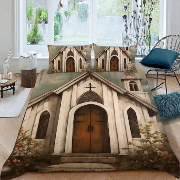 Pratyus Church Cross Detailed Painting 3-Piece Bedding Set with Peach Skin Velvet, Easy to Clean, Ideal for Bedroom, Guest Room 87x68in