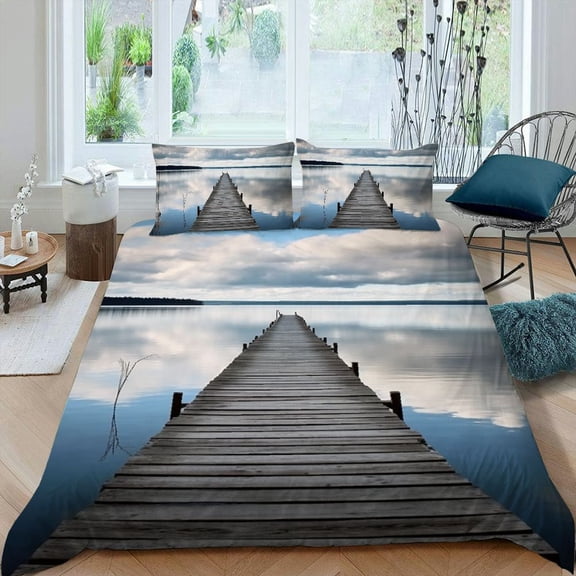 Pratyus Clouds Lake Dock 3-Piece Bedding Set Comfortable and Breathable Peach Skin Velvet Bedroom Guest Room 87x68in