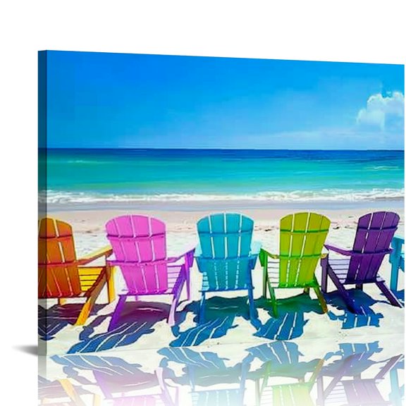 Pratyus Colorful Chairs Sandy Beach Ocean Canvas Wall Decor for Bedroom Kitchen Pictures 16x12in