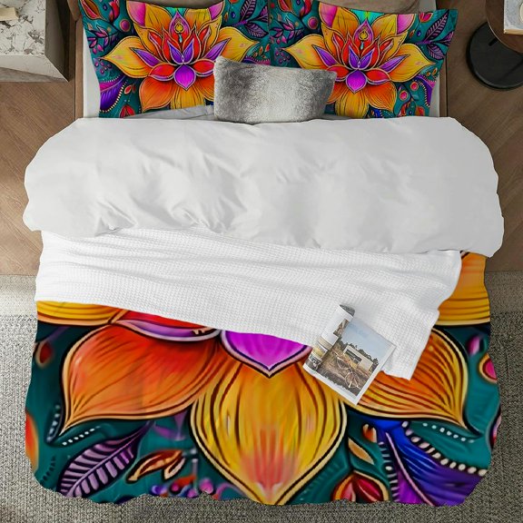 Pratyus Colorful Flowers 3-Piece Bedding Set (Single-Sided Print) Soft and Durable Easy to Clean 87x68in