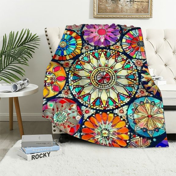 Pratyus Colorful Pattern Circular Design Mosaic Print Throw Blanket Flannel Soft Couch Cover for Adults All Seasons - Super Soft Blanket 40x50in