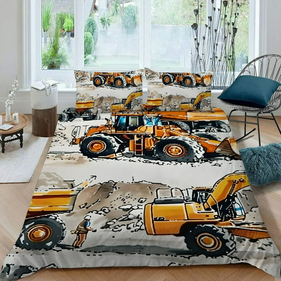 Pratyus Construction Vehicles 3-Piece Bedding Set (Single-Sided Print) Comfortable and Breathable Peach Skin Bedroom Guest Room 87x68in