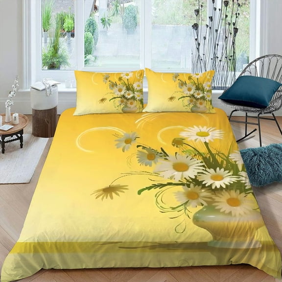 Pratyus Daisies 3-Piece Bedding Set with Vivid Prints and Hidden Zipper Closure, Peach Skin Fabric, Easy Care, Bedroom; Guest Room 87x68in