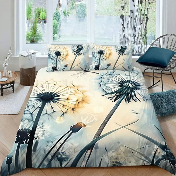 Pratyus Dandelion Dragonfly 3-Piece Bedding Set (Single-Sided Print) Comfortable and Breathable Peach Skin Velvet Bedroom; Guest Room 87x68in