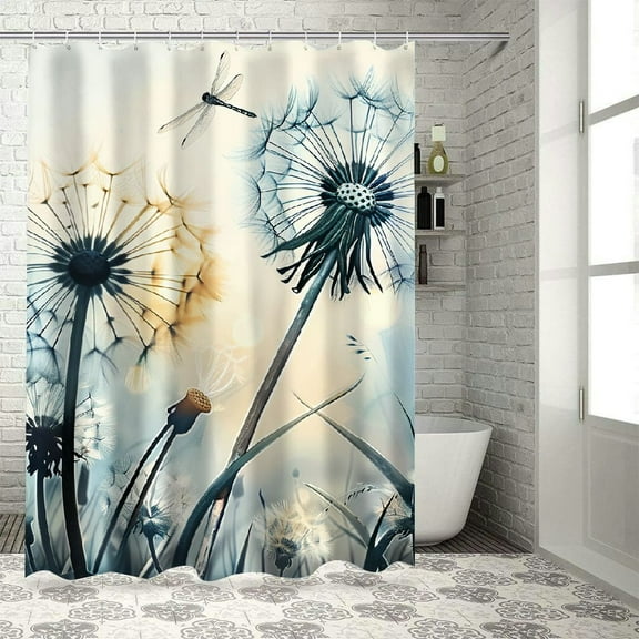 Pratyus Dandelion Dragonfly Printed Shower Curtain with Hooks, 100% Polyester Fabric, Bathroom Decoration, Various Sizes 60x72