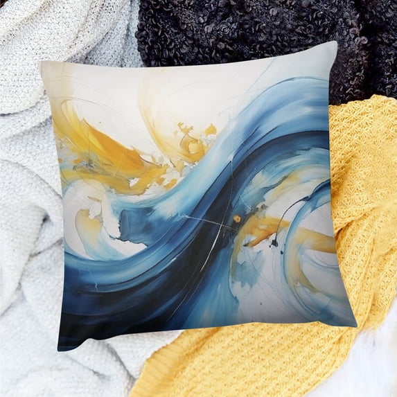 Pratyus Decor Holiday Pillow Case Blue Wave Yellow Wave Gold Swirl Square Cushion Cover for Home Sofa Couch 18x18in