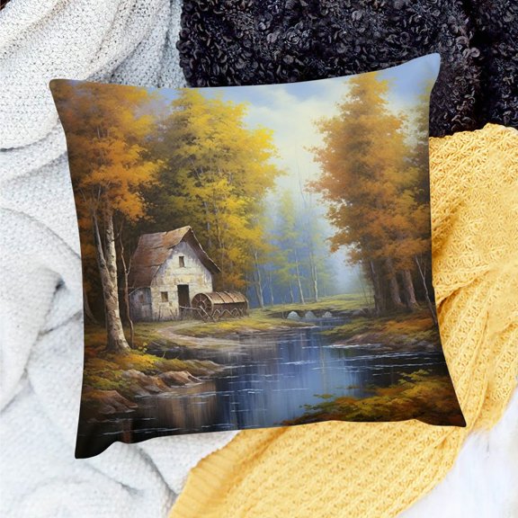 Pratyus Decor Holiday Pillow Case River Trees Mill Theme Indoor Home Decoration for Sofa Couch 18x18in