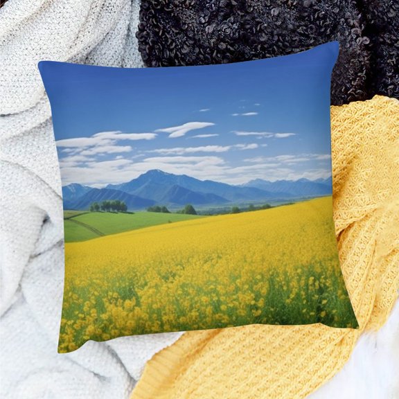 Pratyus Decor Indoor Throw Pillows Cover for Home Sofa Couch, Flowers Mountains Sky Theme, Set of 1, 100% Linen, Soft and Skin-Friendly 18x18in