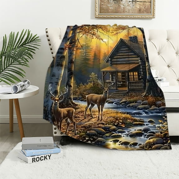 Pratyus Deer Cabin Woods Flannel Throw Blanket Soft Cozy Plush All Seasons Towel Bed Cover Wall Decoration Gift 40x50in