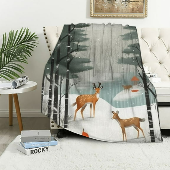 Pratyus Deer Foxes Snow Flannel Throw Blanket, Lightweight and Durable All Seasons Blanket 50x60in