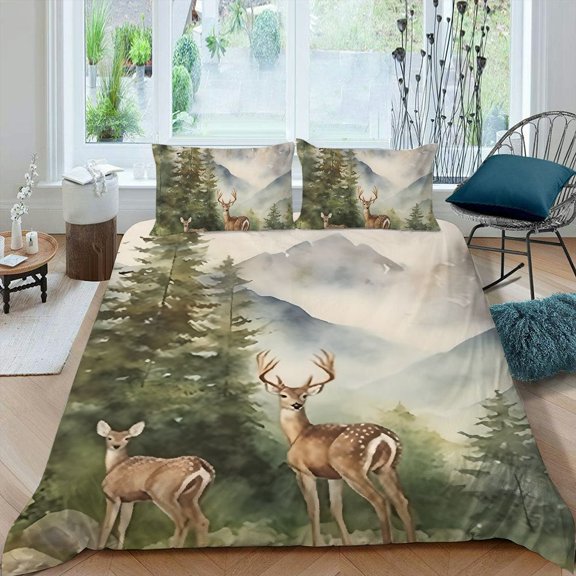 Pratyus Deer Mountains Trees 3-Piece Bedding Set Lightweight and Soft Peach Skin Velvet Bedroom Guest Room 87x68in