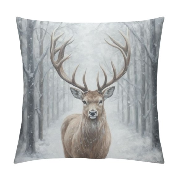 Pratyus Deer Snow Forest Pillow Cushion Covers Short Plush Winter Theme Printed on Both Sides 1PC 12x12in