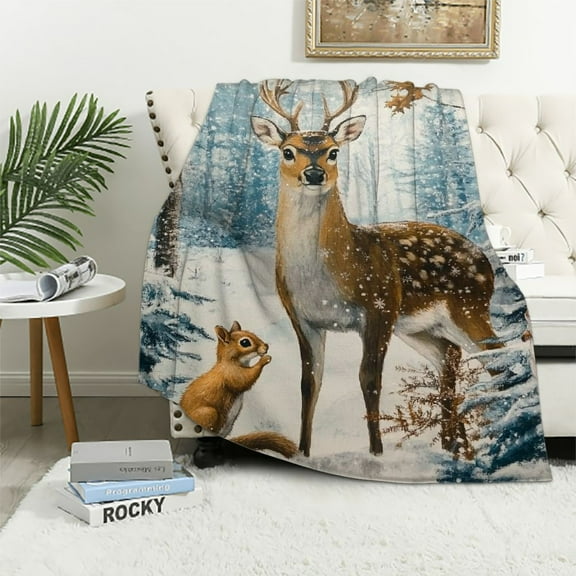 Pratyus Deer Squirrel Snowy Forest Flannel Blanket for Bed Couch Sofa All Seasons Comfort Throw Blanket 40x50in