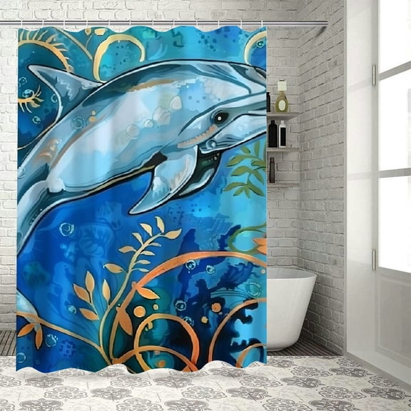 Pratyus Dolphin Fish Seaweed Print Shower Curtain, Home Bathroom Decoration Curtain with Hooks, Polyester Fiber Background Shower Curtain for Showers and Bathtubs 36x72