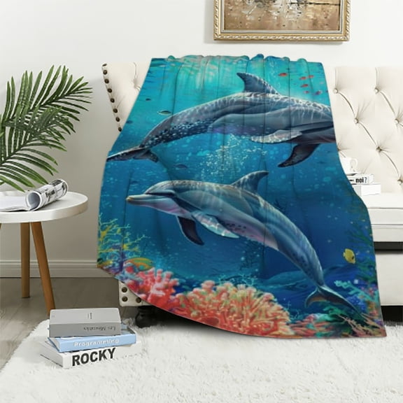 Pratyus Dolphins Ocean Corals Print Throw Blanket for All Seasons Soft Lightweight Cozy Blanket Perfect Gift 60x80in
