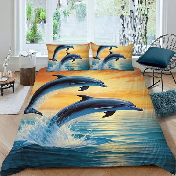 Pratyus Dolphins Sunset Full Moon 3-Piece Bedding Set (Single-Sided Print) Easy to Clean and Care for Peach Skin Fabric Bedroom Guest Room 87x68in
