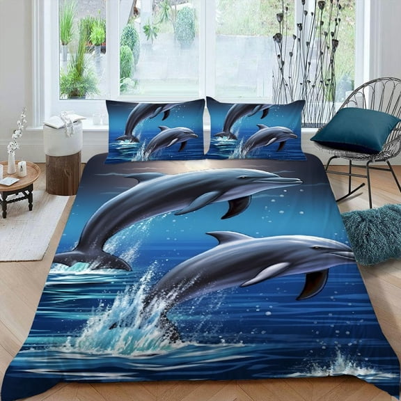 Pratyus Dolphins Water Moon 3-Piece Bedding Set - High Quality Sleep Peach Skin Velvet Bedroom Guest Room 87x68in