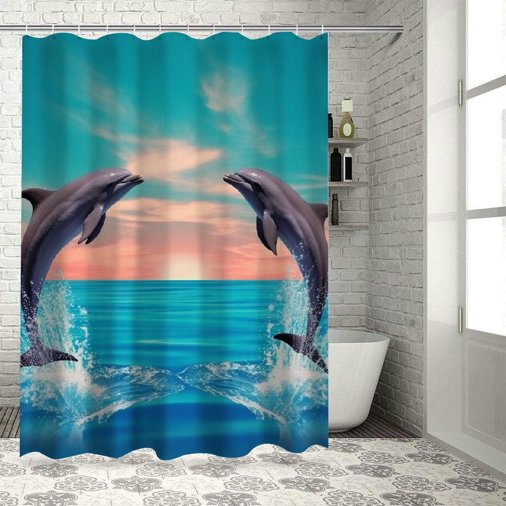 Pratyus Dolphins Water Sky Vaporwave Shower Curtain Set with Hooks, Waterproof Polyester Bathroom Decor, Various Sizes 69"x72