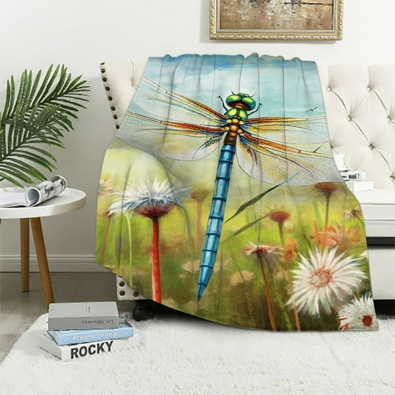 Pratyus Dragonfly Flowers Field Soft Cozy Printed Blanket & Throw for All Seasons Lightweight Soft Blanket 40x50in