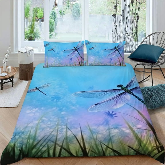 Pratyus Dragonfly Grass Sky 3-Piece Bedding Set (Single-Sided Print) Comfortable and Breathable Peach Skin Velvet Bedroom Guest Room 87x68in