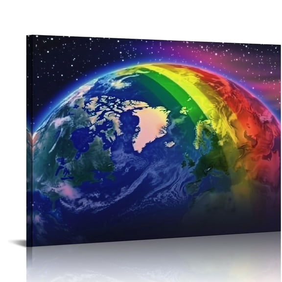 Pratyus Earth Rainbow Stars Canvas Wall Art Decor for Home Living Room Bedroom Kitchen Office Hotel Salon, Ideal Gift for Holidays and Special Occasions 16x12in