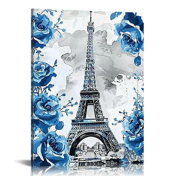 Pratyus Eiffel Tower Blue Flowers Modern European Ink Painting Canvas Wall Decor for Home Bathroom Office - Wall Art Gift Idea 12x16in