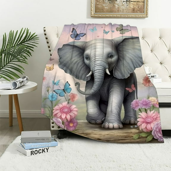 Pratyus Elephant Flowers Butterflies Cozy Throw Blanket Lightweight Blanket for All Seasons Bedroom Living Rooms Sofa Couch Exquisite Gifts 40x50in