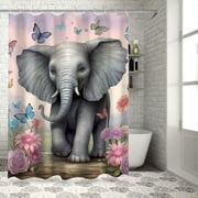 Pratyus Elephant Flowers Butterflies Printed Shower Curtain Set with Hooks, Easy Care 100% Polyester Fiber Bathroom Decor, Various Sizes Available 36x72