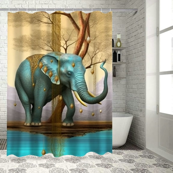 Pratyus Elephant Tree Printed Shower Curtain - Easy Care Polyester Fiber Bathroom Decoration Set with Hooks 36x72