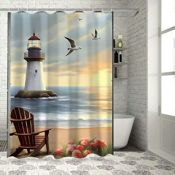 Pratyus Fall Decor Beach Lighthouse Printed Shower Curtain Set with Hooks 100% Polyester Fabric Chic Modern Bathroom Decor 36x72