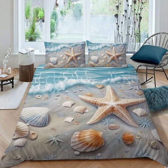 Pratyus Fall Decor Beach Shell Starfish 3-Piece Bedding Set (Single-Sided Print) Comfortable and Breathable Peach Skin Velvet for Bedroom, Guest Room 87x68in