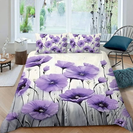 Pratyus Fall Decor Purple Flowers 3-Piece Bedding Set High Quality Sleep Peach Skin Velvet Bedroom Guest Room 87x68in