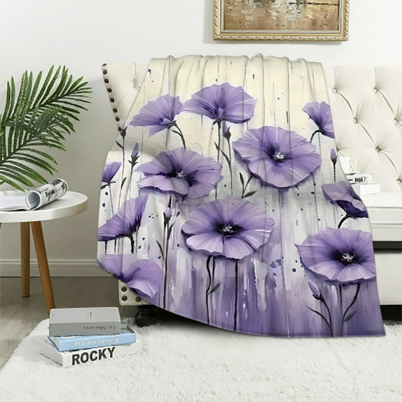Pratyus Fall Decor Purple Flowers Flannel Throw Blanket for Bed Sofa Living Room Decor All Seasons Lightweight Blanket 40x50in