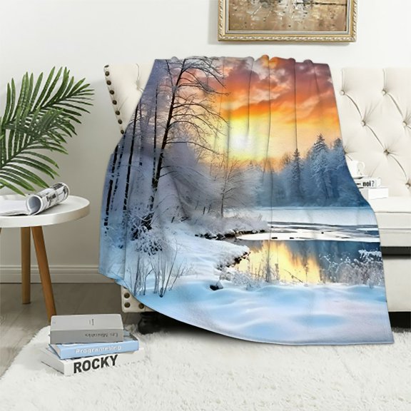 Pratyus Fall Decor Snow Forest Trees Sunrise Flannel Throw Blanket Soft Cozy Plush All Seasons Gift for Women Children 40x50in
