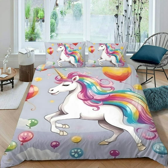 Pratyus Fall Decor Unicorn Pink Balloon Rainbow 3-Piece Bedding Set Comfortable and Breathable Peach Skin Velvet Bedroom Guest Room 87x68in